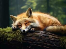 Red cute fox, animal sleeps on a tree. Created with Generative AI technology. photo