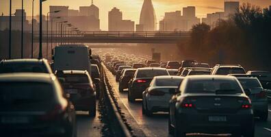 Car rush hours city street. Cars on highway in traffic jam. Created with Generative AI technology. photo