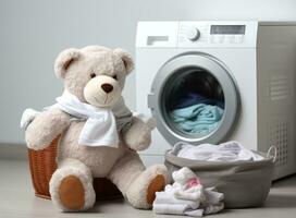 Children's toys in a laundry basket on the background of a washing machine. Created with Generative AI technology. photo