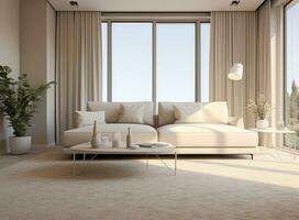 Living room interior with stylish furniture, focus on soft carpet. Created with Generative AI technology. photo