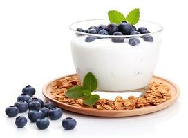 Healthy breakfast ingredients. Homemade granola in open glass jar, milk or yogurt bottle, blueberries and mint on white wooden background, top view, copy space. Created with Generative AI technology. photo