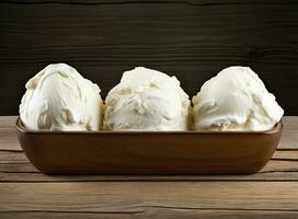 Bowl with tasty vanilla ice cream on table against light background. Created with Generative AI technology. photo