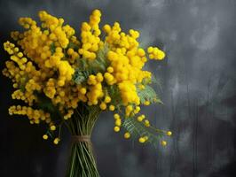 A bouquet of yellow mimosa flowers stands in a glass vase on a dark gray background. Concept of 8 March, happy women's day. Vertical orientation. Created with Generative AI technology. photo