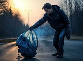 hand holding garbage black bag putting in to trash. Created with Generative AI technology. photo