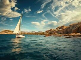 Sailing boat in the sea against the backdrop of mountains. Created with Generative AI technology. photo