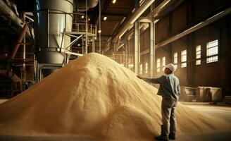 Closeup hands worker holds grain for production of white flour in automated modern mill for bread. Created with Generative AI technology. photo