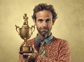 Close-up human hand holding golden Trophy on. Created with Generative AI technology. photo