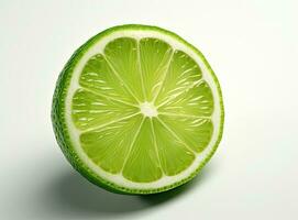 Natural fresh lime with water drops and sliced, green leaf isolated on white background. Created with Generative AI technology. photo