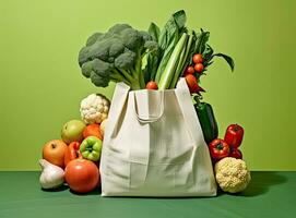 Eco bag with products on color background. Created with Generative AI technology. photo