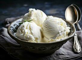 Bowl with tasty vanilla ice cream on table against light background. Created with Generative AI technology. photo