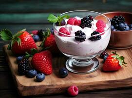 Granola with yogurt and berries for healthy breakfast. Bowl of greek yogurt with granola, almonds, blueberries and strawberries, top view, copy space. Created with Generative AI technology. photo