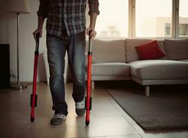 Low section of a disabled person using crutches to walk. Disabled man and woman use crutches to walk at home. Created with Generative AI technology. photo