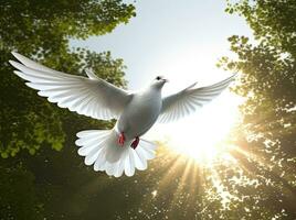 A free white dove holding green leaf branch flying in the sky. International Day of Peace concept background. Created with Generative AI technology. photo