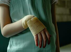 Close-up of a broken arm of a child in a cast. The girl holds her hand bent on the background of a black t-shirt. Created with Generative AI technology. photo