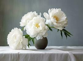 Fresh white peony flowers on light gray table background. Empty place for emotional, sentimental text, quote or sayings. Closeup. photo