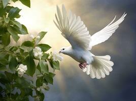 A free white dove holding green leaf branch flying in the sky. International Day of Peace concept background. Created with Generative AI technology. photo