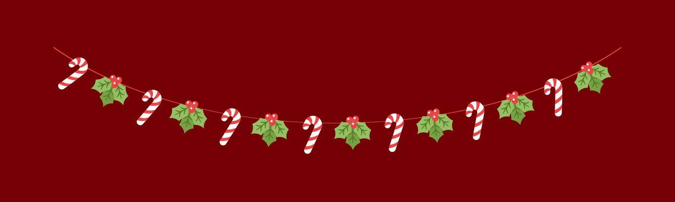 Mistletoe and Candy Cane Garland Vector Illustration, Christmas Graphics Festive Winter Holiday Season Bunting