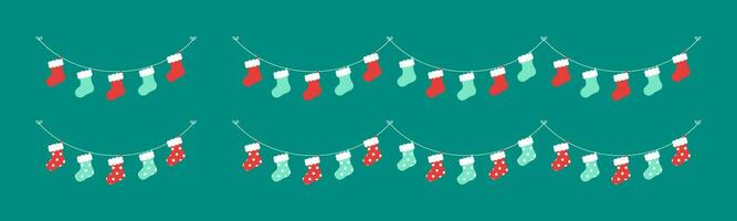 Set of Christmas stockings and winter holiday decoration garland. Christmas decoration elements collection. Santa snow socks ornaments vector Illustration.