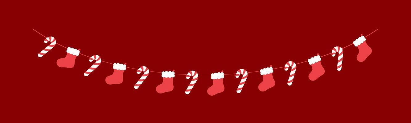 Christmas Stocking and Candy Cane Garland Vector Illustration, Christmas Graphics Festive Winter Holiday Season Bunting