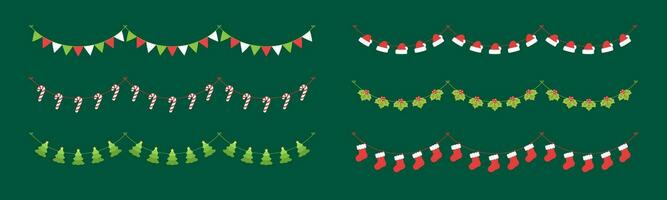 Set of Christmas and winter holiday decoration garland. Christmas decoration elements collection. Santa sock, stockings, mistletoe, ornaments, candy cane. Vector Illustration.