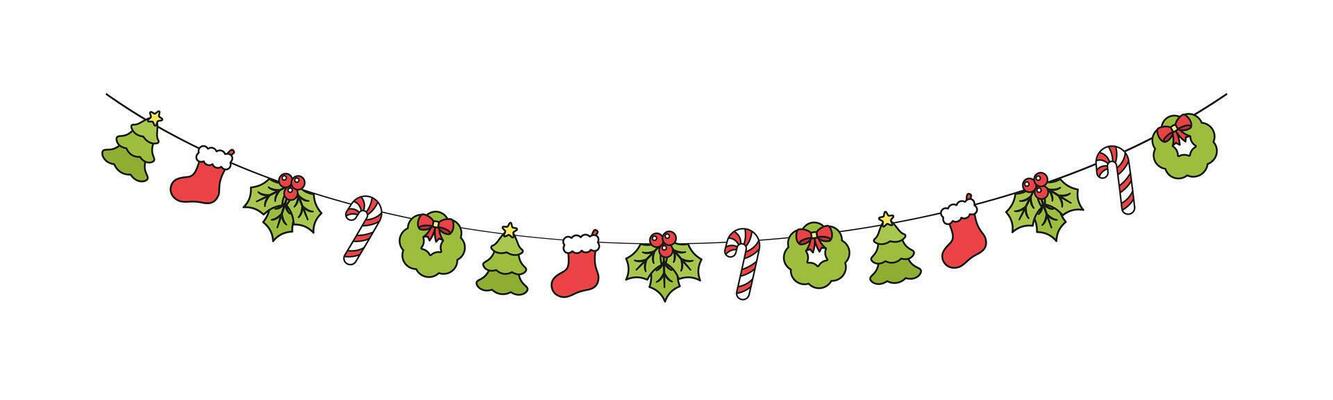 Christmas Garland Vector Illustration, Xmas Graphics Festive Winter Holiday Season Bunting