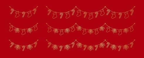 Set of gold Christmas and winter decoration garland outline doodle. Holiday decoration elements collection. Santa stockings, mistletoe, ornaments, candy cane. Vector Illustration.