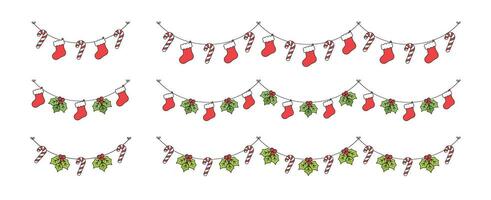 Set of Christmas and winter holiday decoration garland. Christmas decoration elements collection. Santa hat, stockings, mistletoe, ornaments, candy cane. Vector Illustration.
