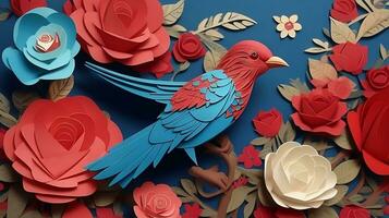 Graceful Harmony, Bird and Rose Flower Paper Art Style Abstract Background Illustration. AI Generated photo