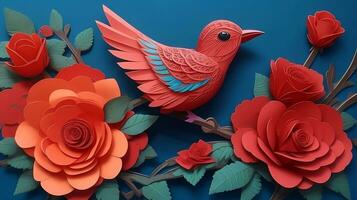 Graceful Harmony, Bird and Rose Flower Paper Art Style Abstract Background Illustration. AI Generated photo