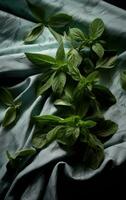 Fresh organic mint leaves ready for cooking on the kitchen table. Created with Generative AI technology. photo