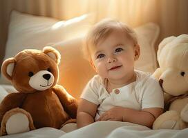 Happy boy or girl with wool cap lying with Teddy bear under the blanket on bed. Created with Generative AI technology. photo