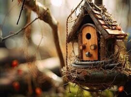 feeders for birds in the city park. Created with Generative AI technology. photo