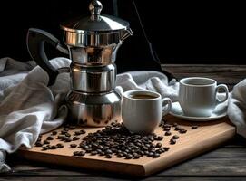café taza con un moka maceta en paño textura antecedentes. creado con generativo ai tecnología. foto