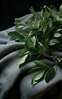 Fresh organic mint leaves ready for cooking on the kitchen table. Created with Generative AI technology. photo