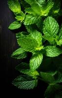 Fresh organic mint leaves ready for cooking on the kitchen table. Created with Generative AI technology. photo