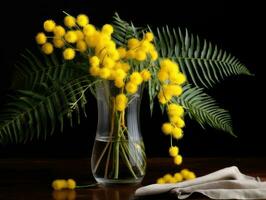 A bouquet of yellow mimosa flowers stands in a glass vase on a dark gray background. Concept of 8 March, happy women's day. Vertical orientation. Created with Generative AI technology. photo