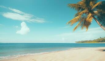 Beautiful sandy beach with blur sky and tree summer. Created with Generative AI technology. photo