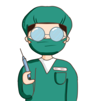médico segurando uma seringa ,doutor vestindo uma verde terno vestem uma mascarar para cobrir seu face para evita germes. pronto para injeção e tratamento png