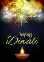 Happy Diwali Greetings Festive Background With Fireworks And Burning Oil Lamp vector