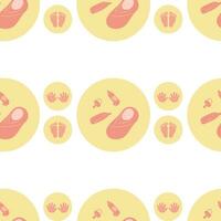 Seamless pattern with swaddled baby, handprints, footprints, pacifier and bottle. vector