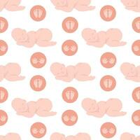 Seamless pattern with a sleeping baby and hand and foot prints in circles. Flat color vector illustration.