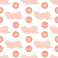 Seamless pattern with a sleeping baby and hand and foot prints in circles. Flat color vector illustration.