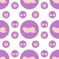 Seamless pattern with a sleeping baby and hand and foot prints in circles. Flat color vector illustration.