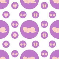 Seamless pattern with a sleeping baby and hand and foot prints in circles. Flat color vector illustration.