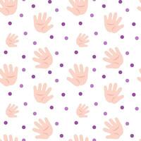 Seamless pattern with baby one hand prints and circles. Flat color vector illustration.