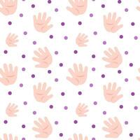 Seamless pattern with baby one hand prints and circles. Flat color vector illustration.