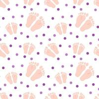 Seamless pattern with baby footprints and circles. Flat color vector illustration.