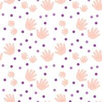 Seamless pattern with baby handprints and circles. Flat color vector illustration.