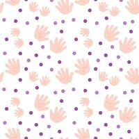 Seamless pattern with baby handprints and circles. Flat color vector illustration.