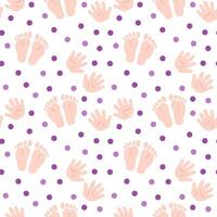 Seamless pattern with baby footprints, handprints and circles. Flat color vector illustration.